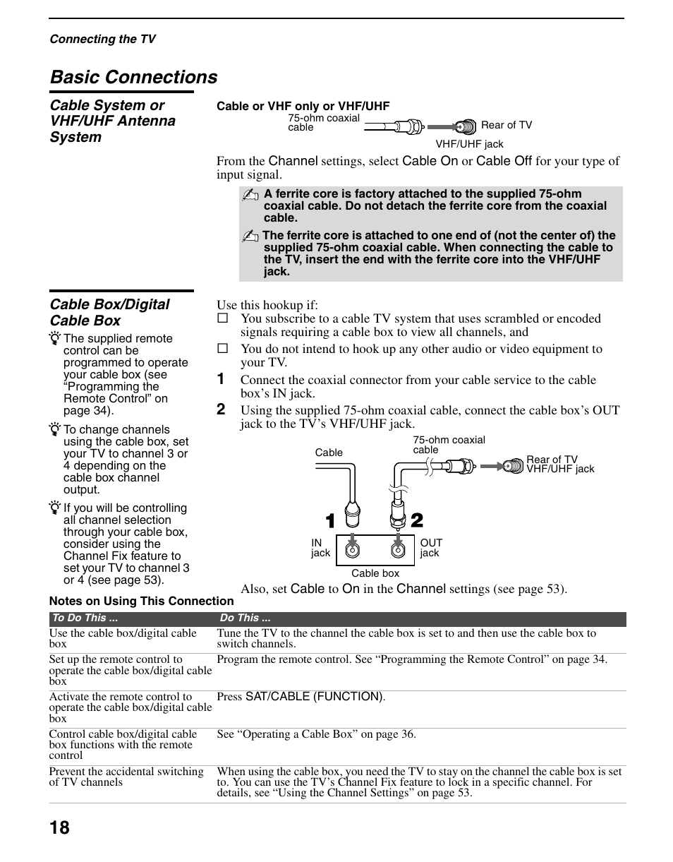 Basic connections, Cable system or vhf/uhf antenna system, Cable box/digital cable box | 18 basic connections | Sony WEGA KLV S23A10 User Manual | Page 18 / 68