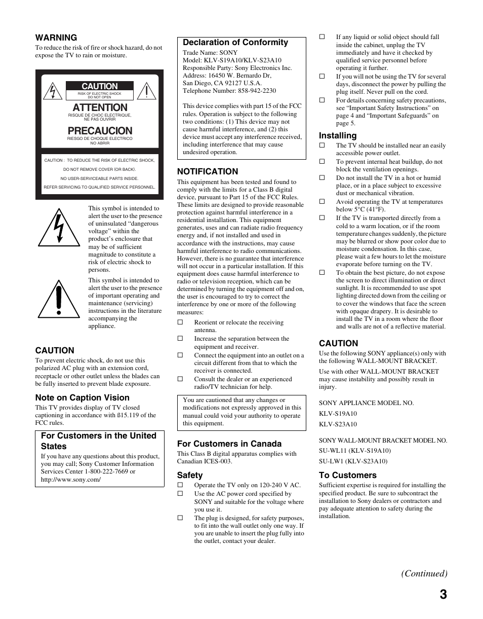 Attention, Precaucion, Continued) | Warning, Caution, Notification, For customers in canada, Safety, Installing, For customers in the united states | Sony WEGA KLV S23A10 User Manual | Page 3 / 68