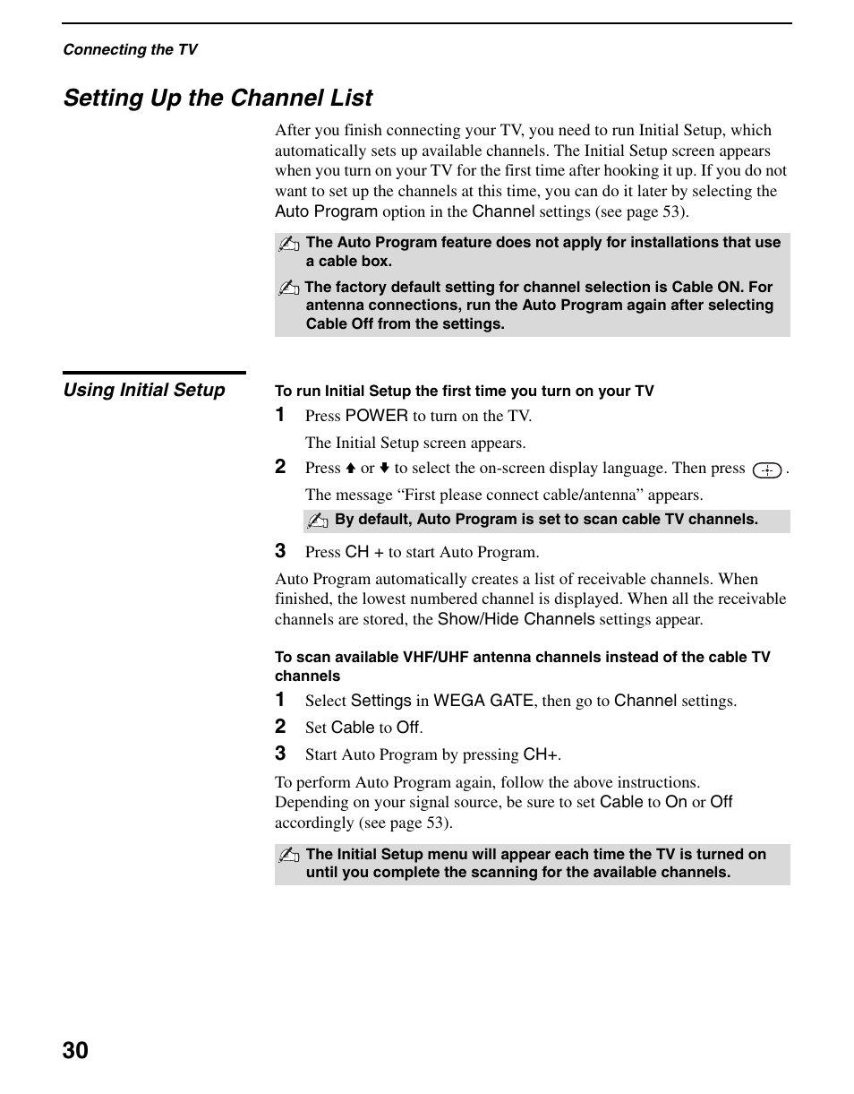 Setting up the channel list, Using initial setup, 30 setting up the channel list | Sony WEGA KLV S23A10 User Manual | Page 30 / 68