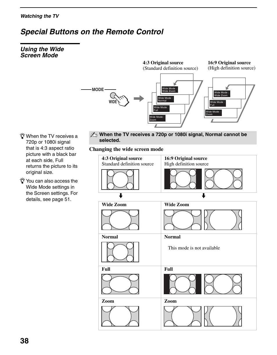 Special buttons on the remote control, Using the wide screen mode, 38 special buttons on the remote control | Sony WEGA KLV S23A10 User Manual | Page 38 / 68