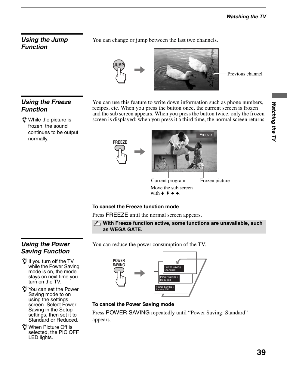Using the jump function, Using the freeze function, Using the power saving function | Sony WEGA KLV S23A10 User Manual | Page 39 / 68