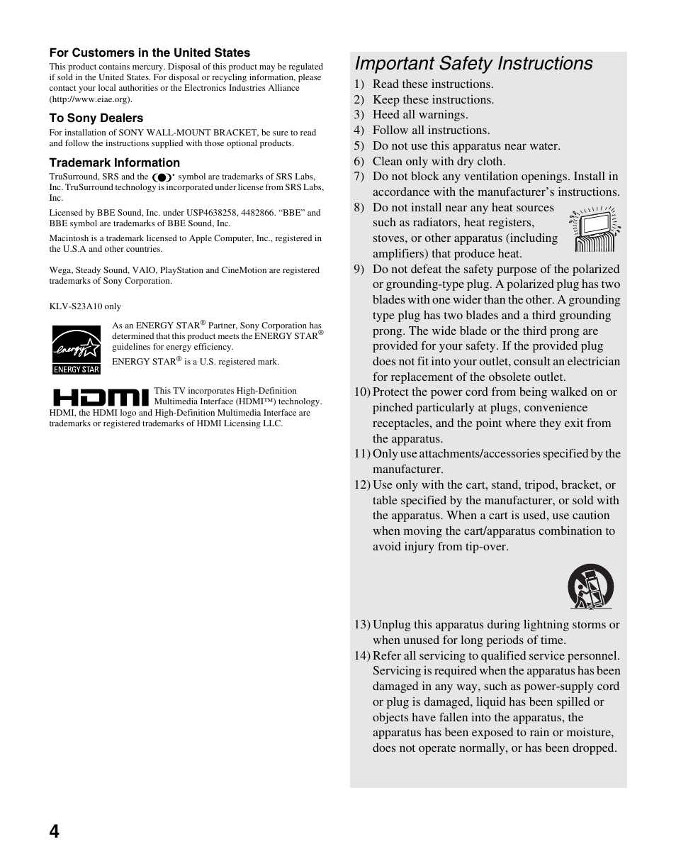 Important safety instructions | Sony WEGA KLV S23A10 User Manual | Page 4 / 68