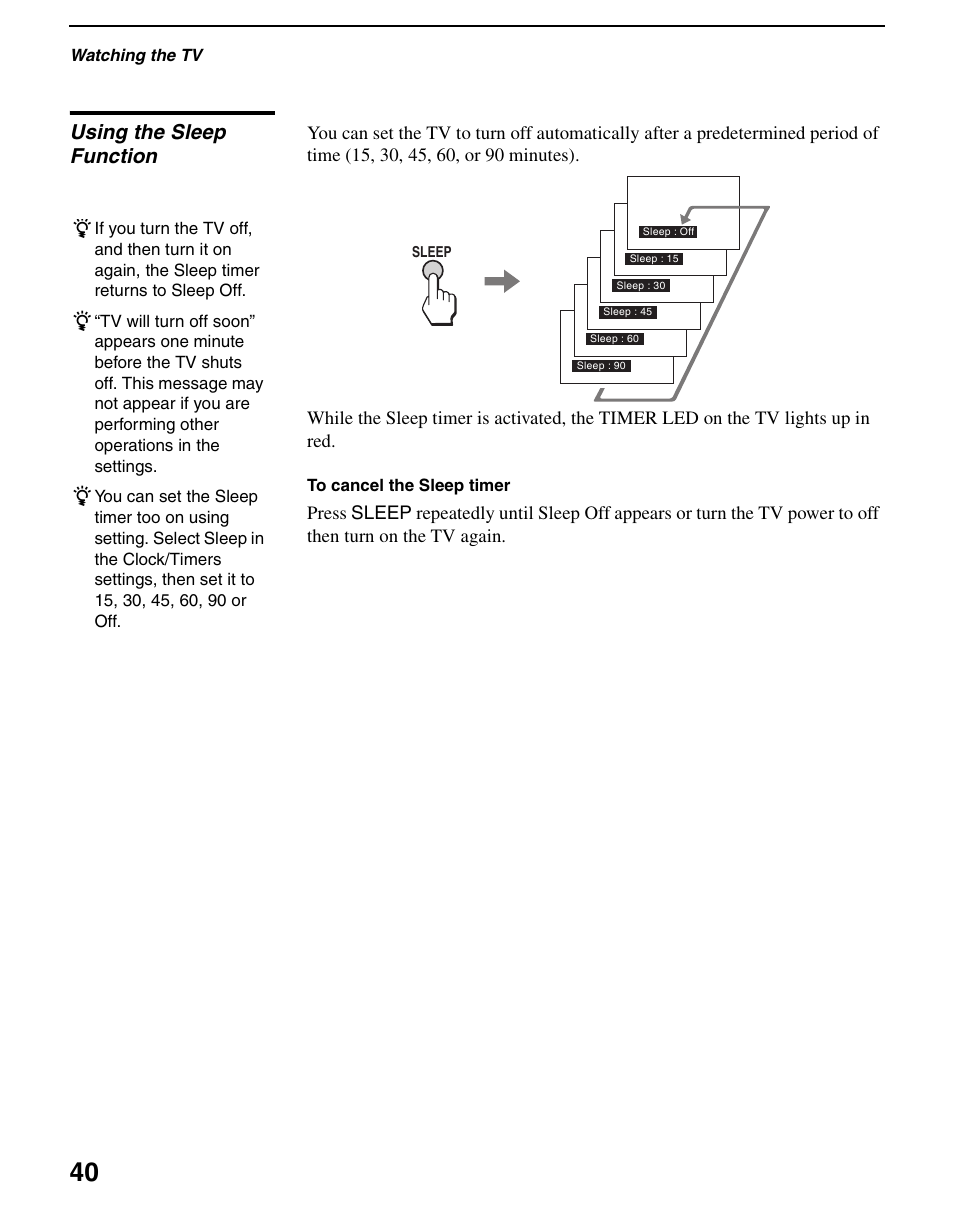 Using the sleep function | Sony WEGA KLV S23A10 User Manual | Page 40 / 68