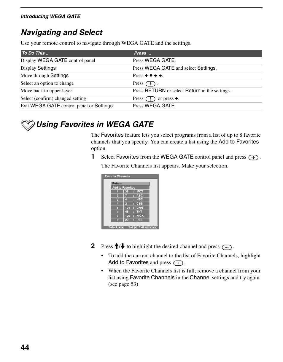 Navigating and select, Using favorites in wega gate, Navigating and select using favorites in wega gate | 44 navigating and select | Sony WEGA KLV S23A10 User Manual | Page 44 / 68