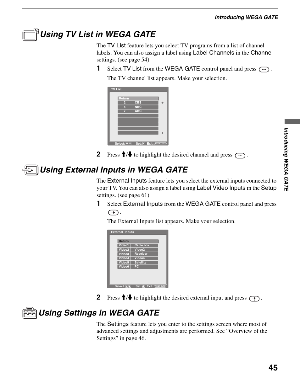 Using tv list in wega gate, Using external inputs in wega gate, Using settings in wega gate | Sony WEGA KLV S23A10 User Manual | Page 45 / 68