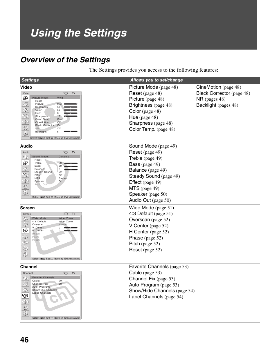 Using the settings, Overview of the settings | Sony WEGA KLV S23A10 User Manual | Page 46 / 68