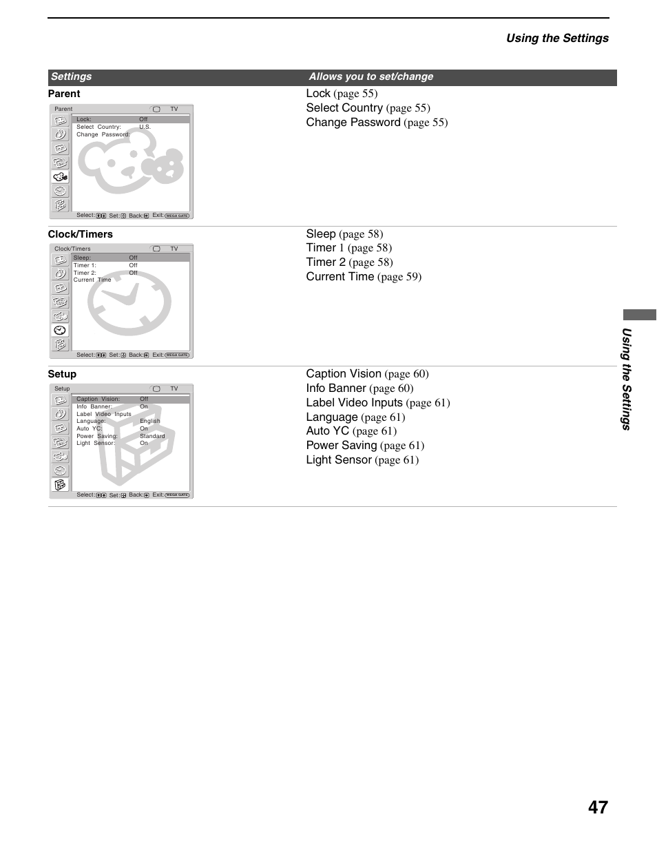 Using the settings, Us ing the setting s | Sony WEGA KLV S23A10 User Manual | Page 47 / 68