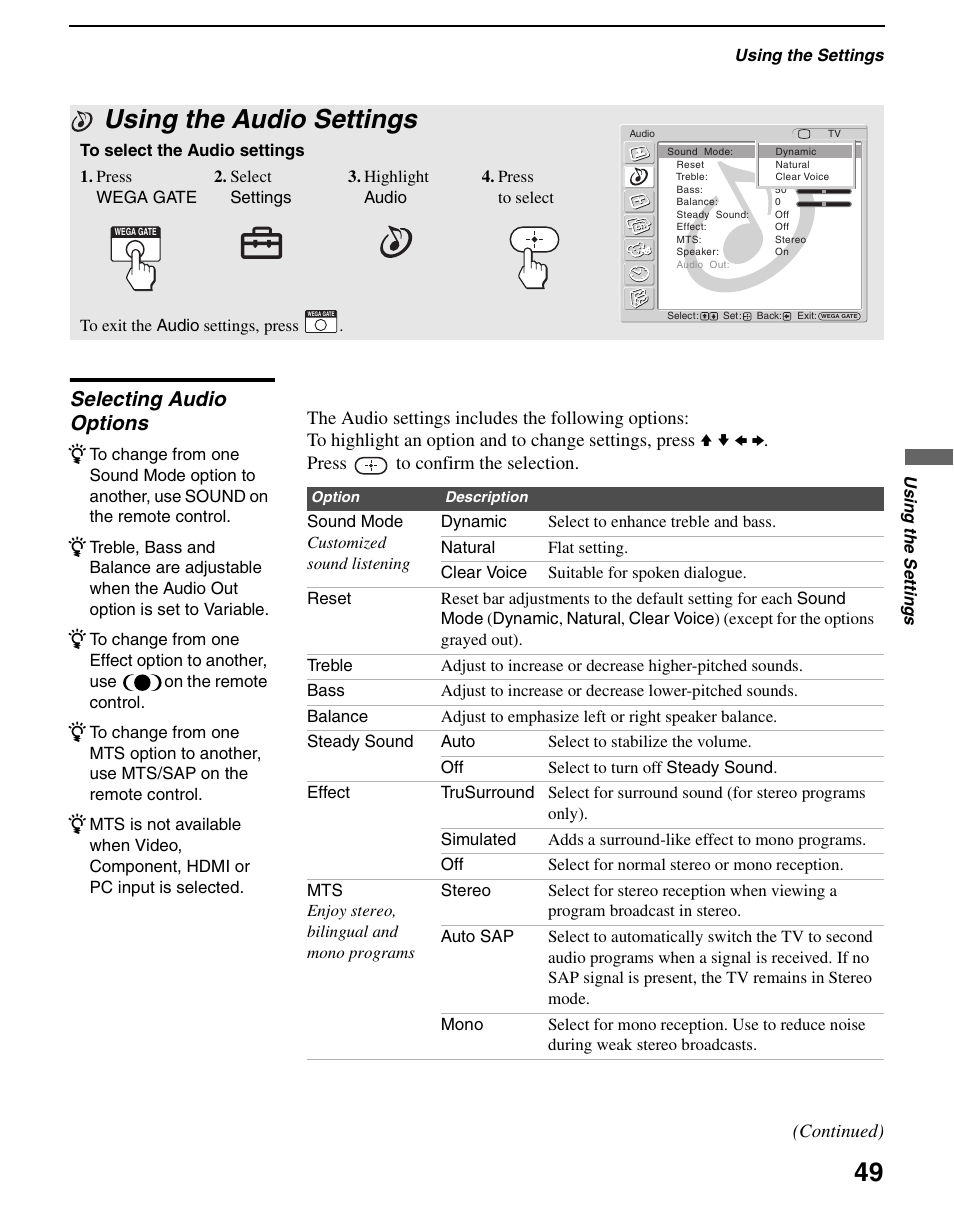 Using the audio settings, Selecting audio options, See “selecting audio options” on | Sony WEGA KLV S23A10 User Manual | Page 49 / 68