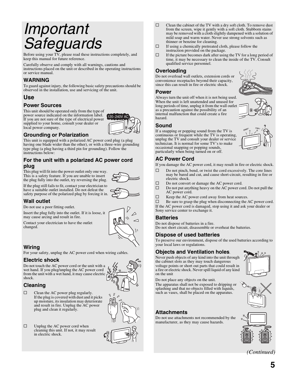 Important safeguards | Sony WEGA KLV S23A10 User Manual | Page 5 / 68
