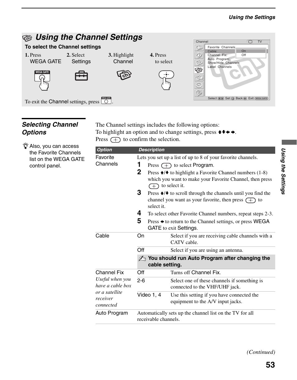 Using the channel settings, Selecting channel options | Sony WEGA KLV S23A10 User Manual | Page 53 / 68