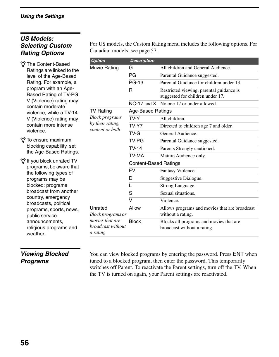 Us models: selecting custom rating options, Viewing blocked programs | Sony WEGA KLV S23A10 User Manual | Page 56 / 68