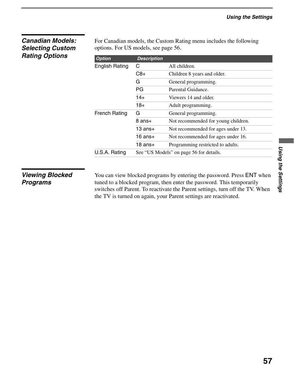 Canadian models: selecting custom rating options, Viewing blocked programs | Sony WEGA KLV S23A10 User Manual | Page 57 / 68