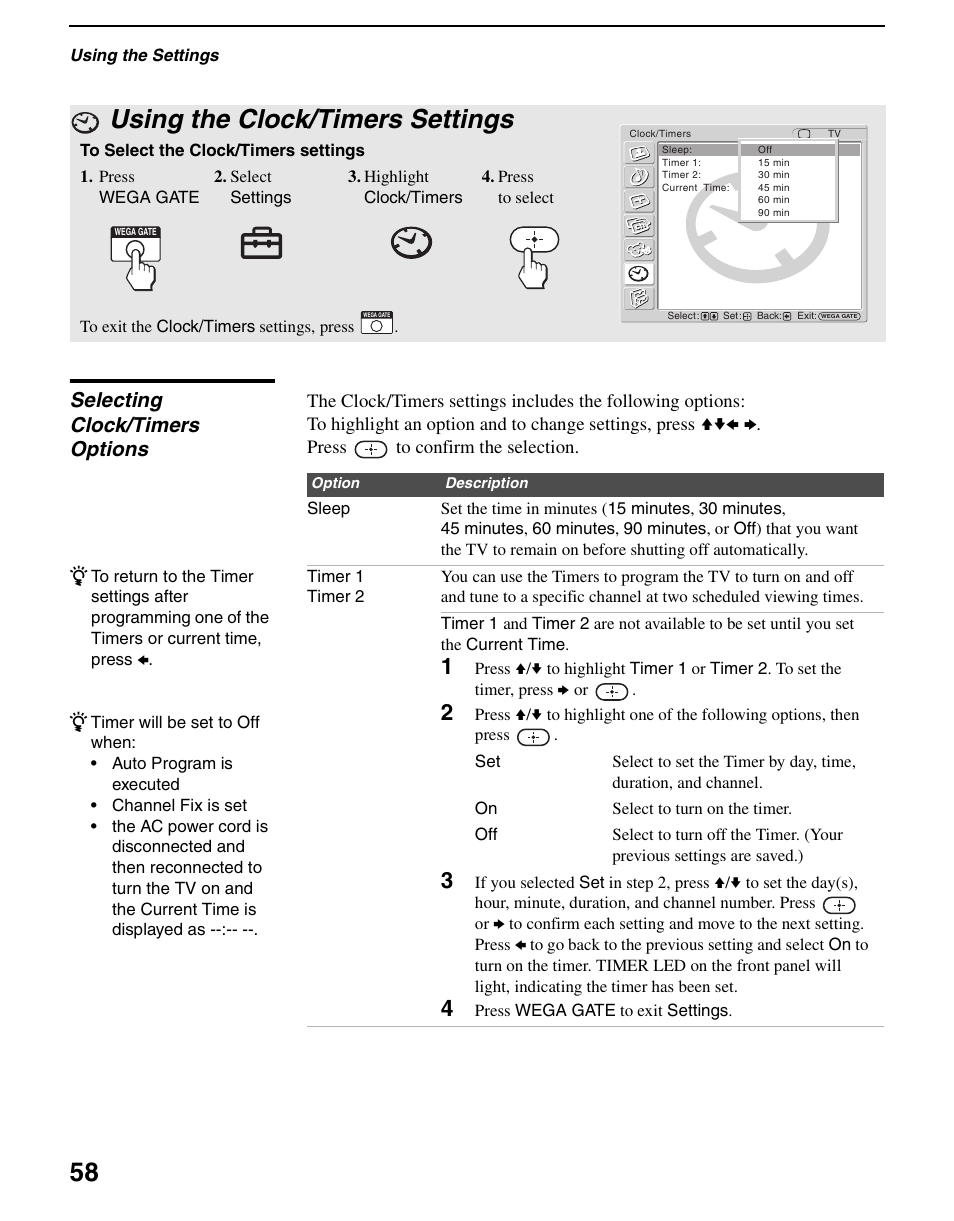 Using the clock/timers settings, Selecting clock/timers options | Sony WEGA KLV S23A10 User Manual | Page 58 / 68