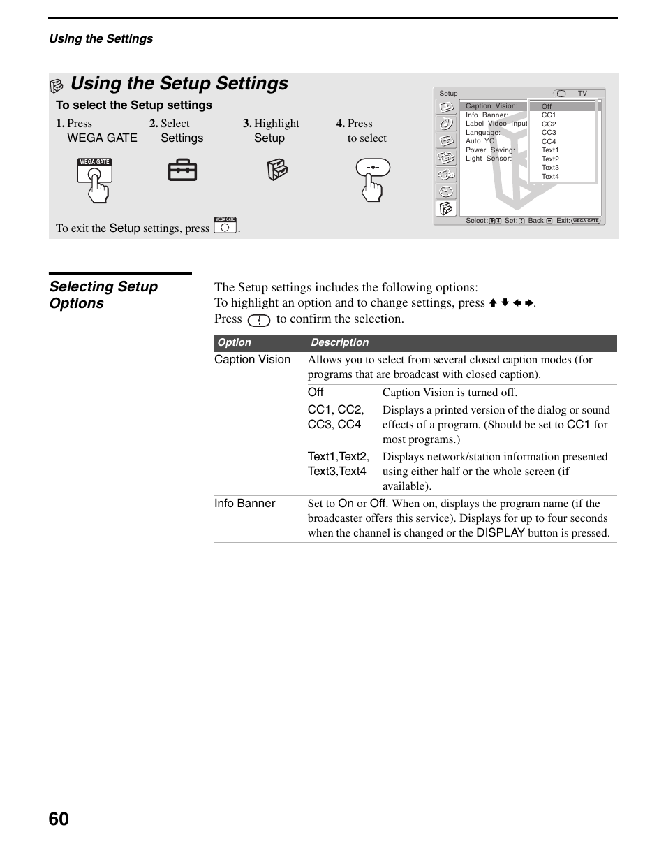 Using the setup settings, Selecting setup options | Sony WEGA KLV S23A10 User Manual | Page 60 / 68