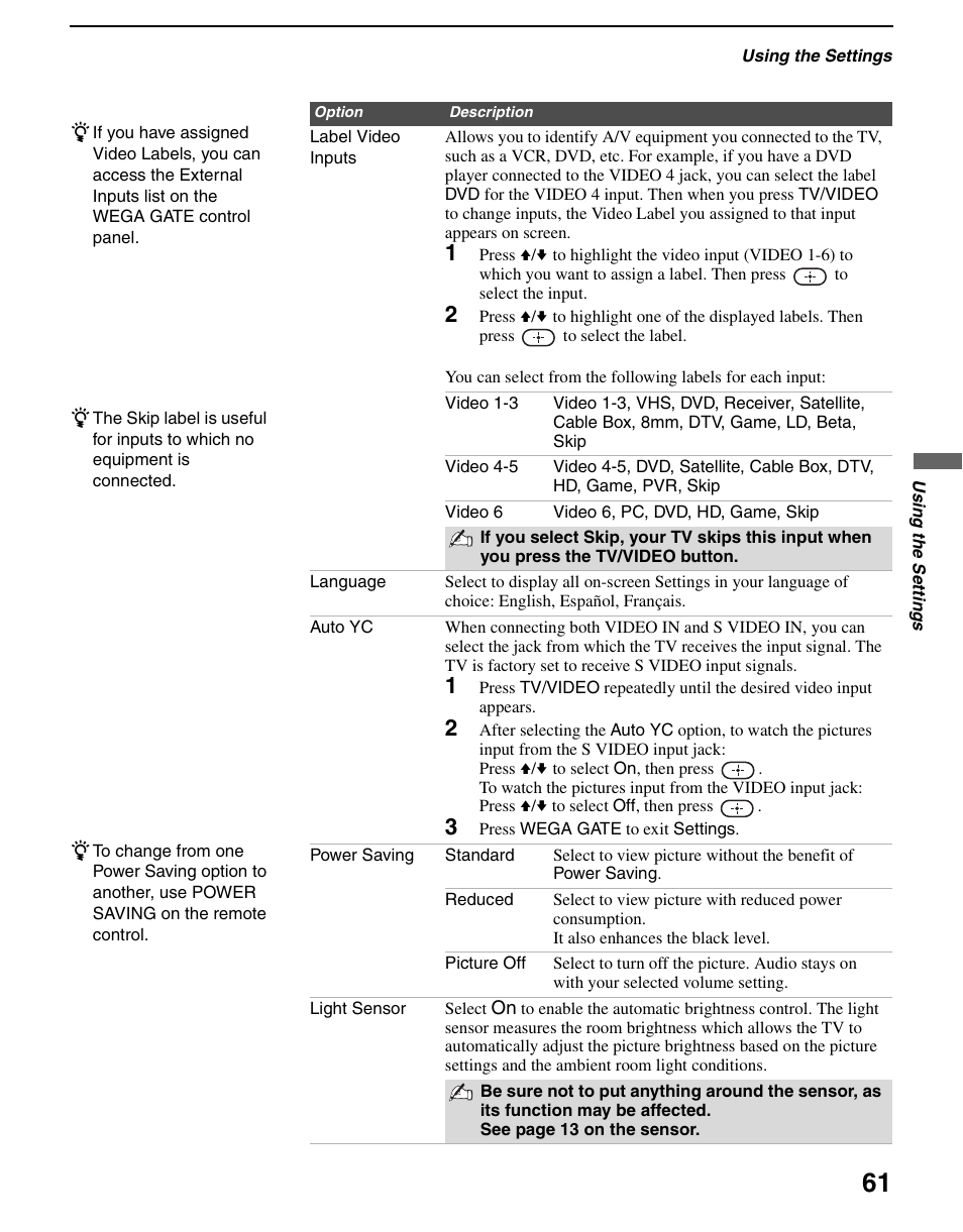 Sony WEGA KLV S23A10 User Manual | Page 61 / 68