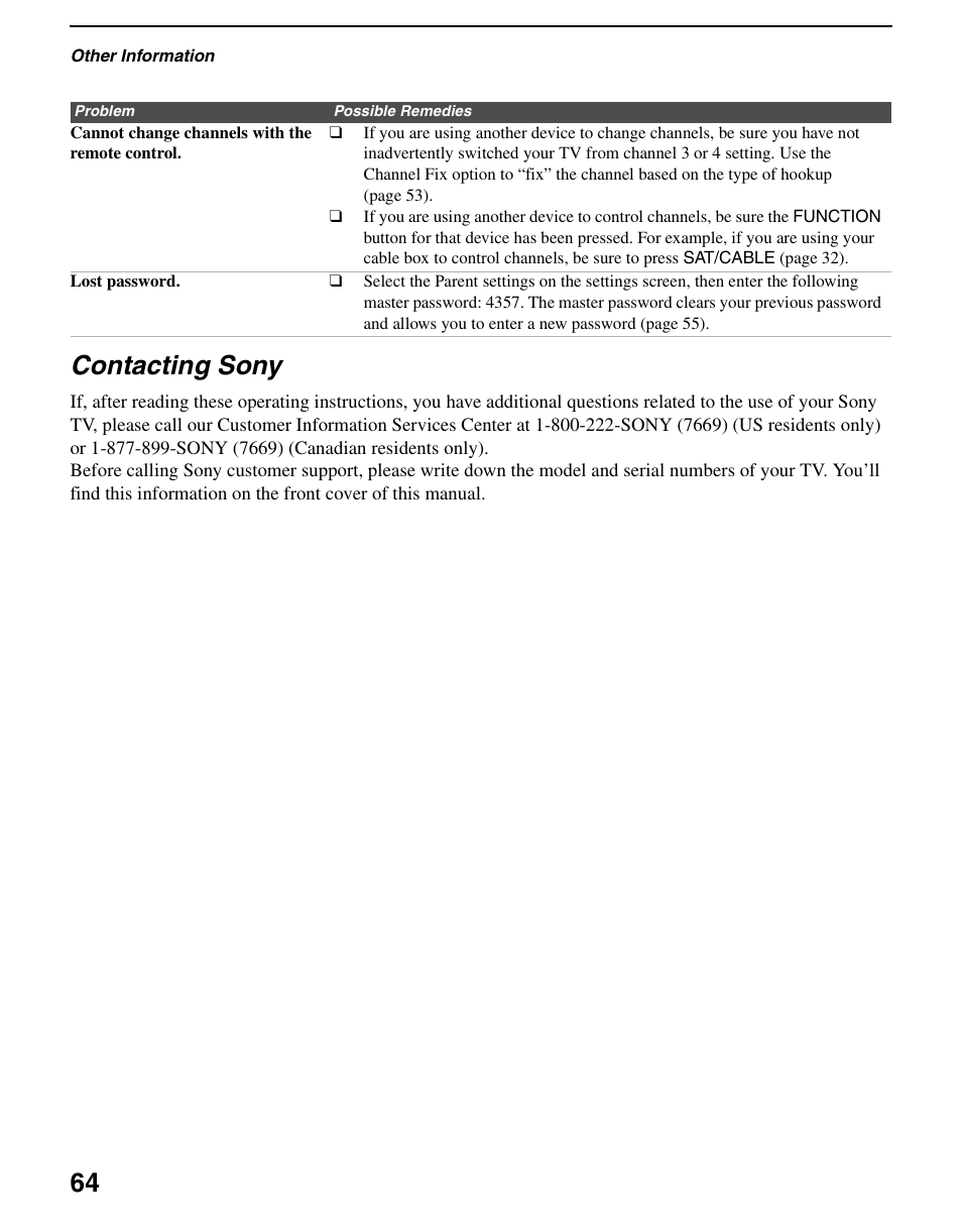 Contacting sony, 64 contacting sony | Sony WEGA KLV S23A10 User Manual | Page 64 / 68