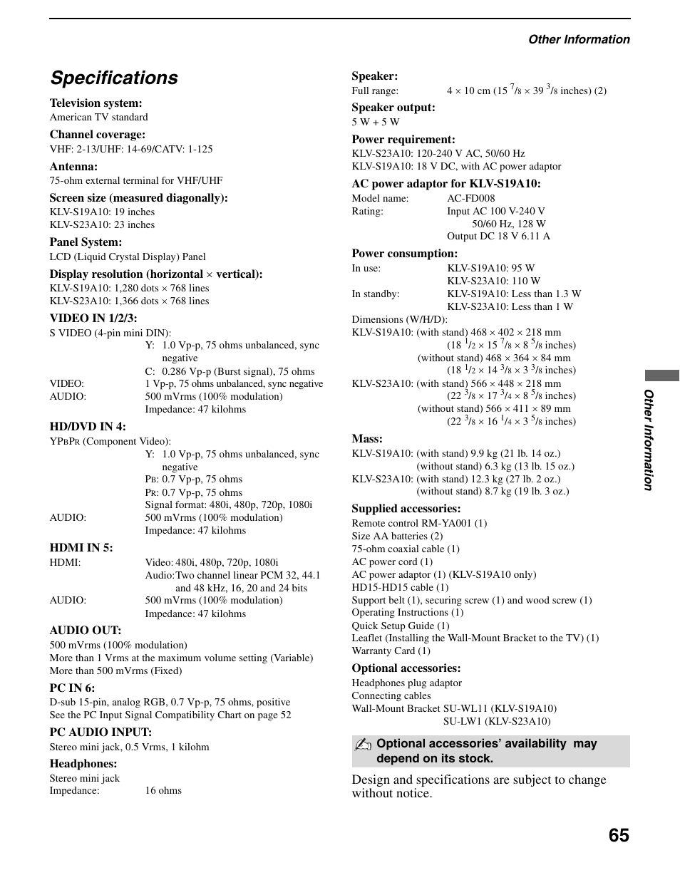 Specifications | Sony WEGA KLV S23A10 User Manual | Page 65 / 68