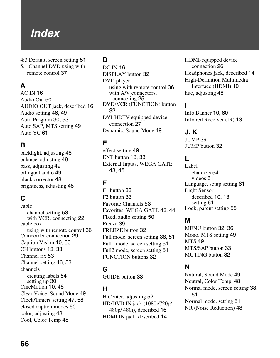 Index, J, k | Sony WEGA KLV S23A10 User Manual | Page 66 / 68