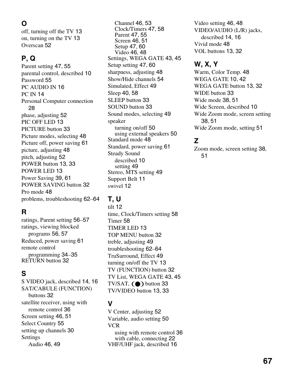 P, q, T, u, W, x, y | Sony WEGA KLV S23A10 User Manual | Page 67 / 68