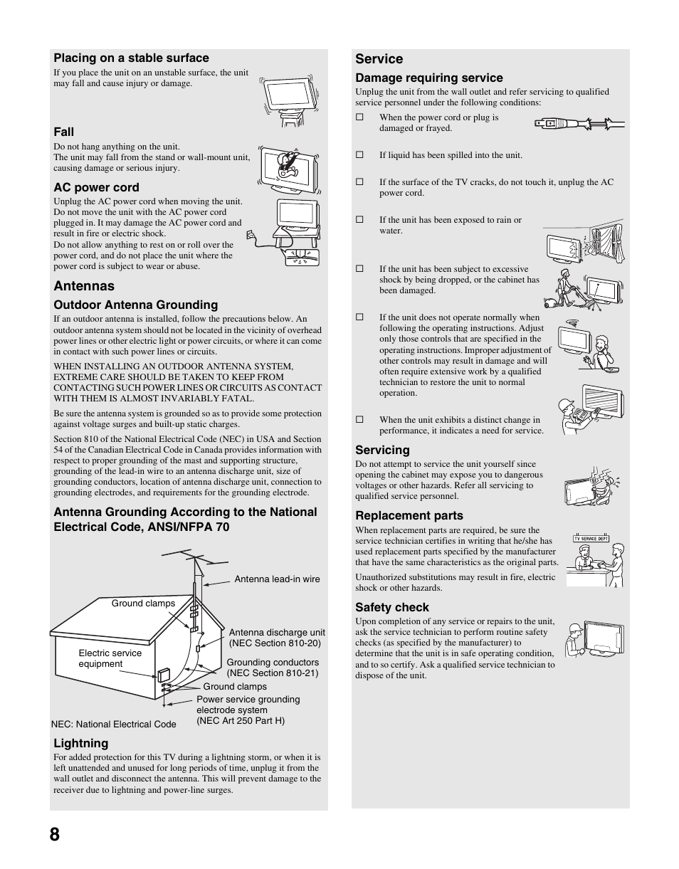 Antennas, Service | Sony WEGA KLV S23A10 User Manual | Page 8 / 68