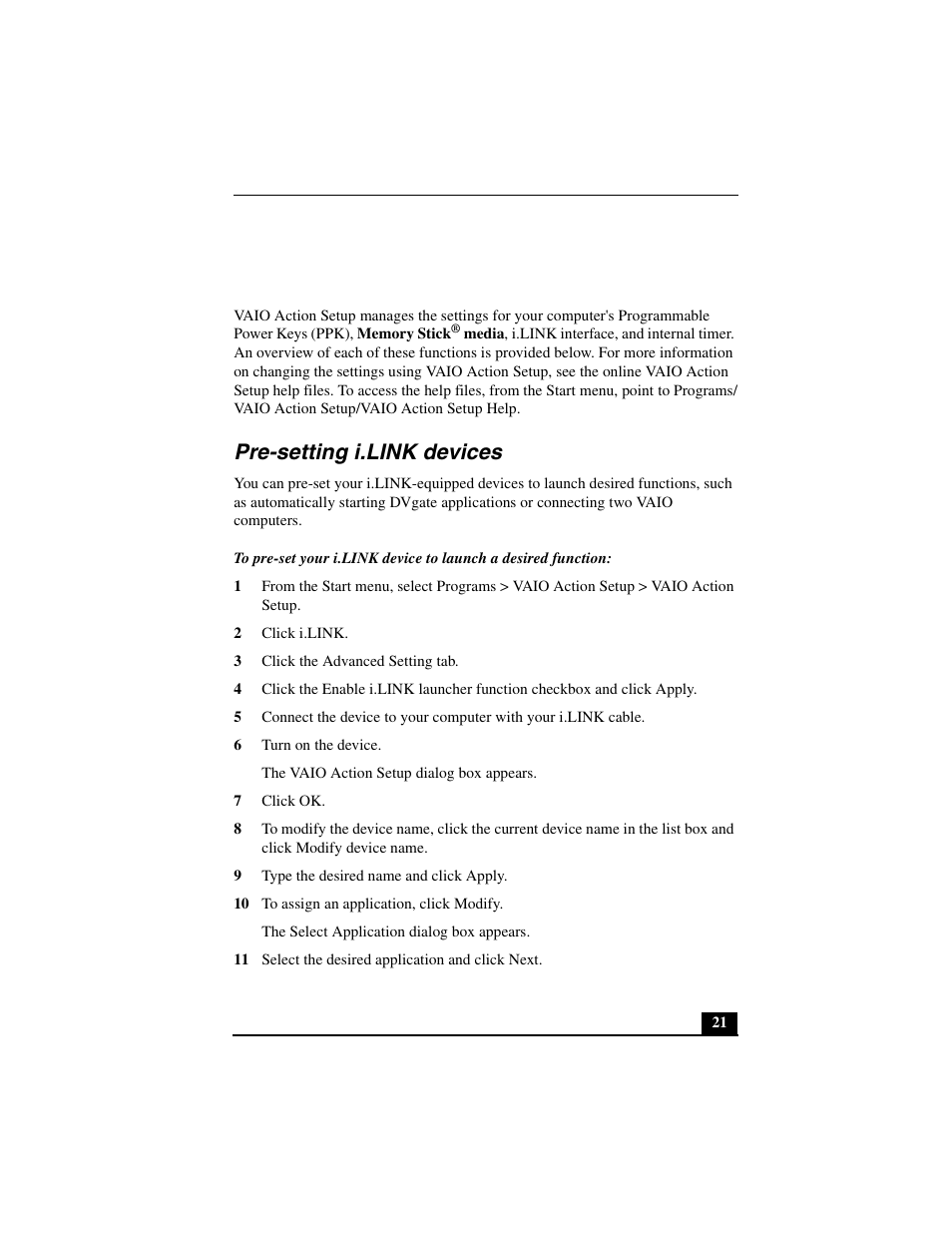 Vaio action setup, Pre-setting i.link devices, 2 click i.link | 3 click the advanced setting tab, 6 turn on the device, 7 click ok, 9 type the desired name and click apply, 10 to assign an application, click modify, 11 select the desired application and click next | Sony PCV-L640 User Manual | Page 21 / 69