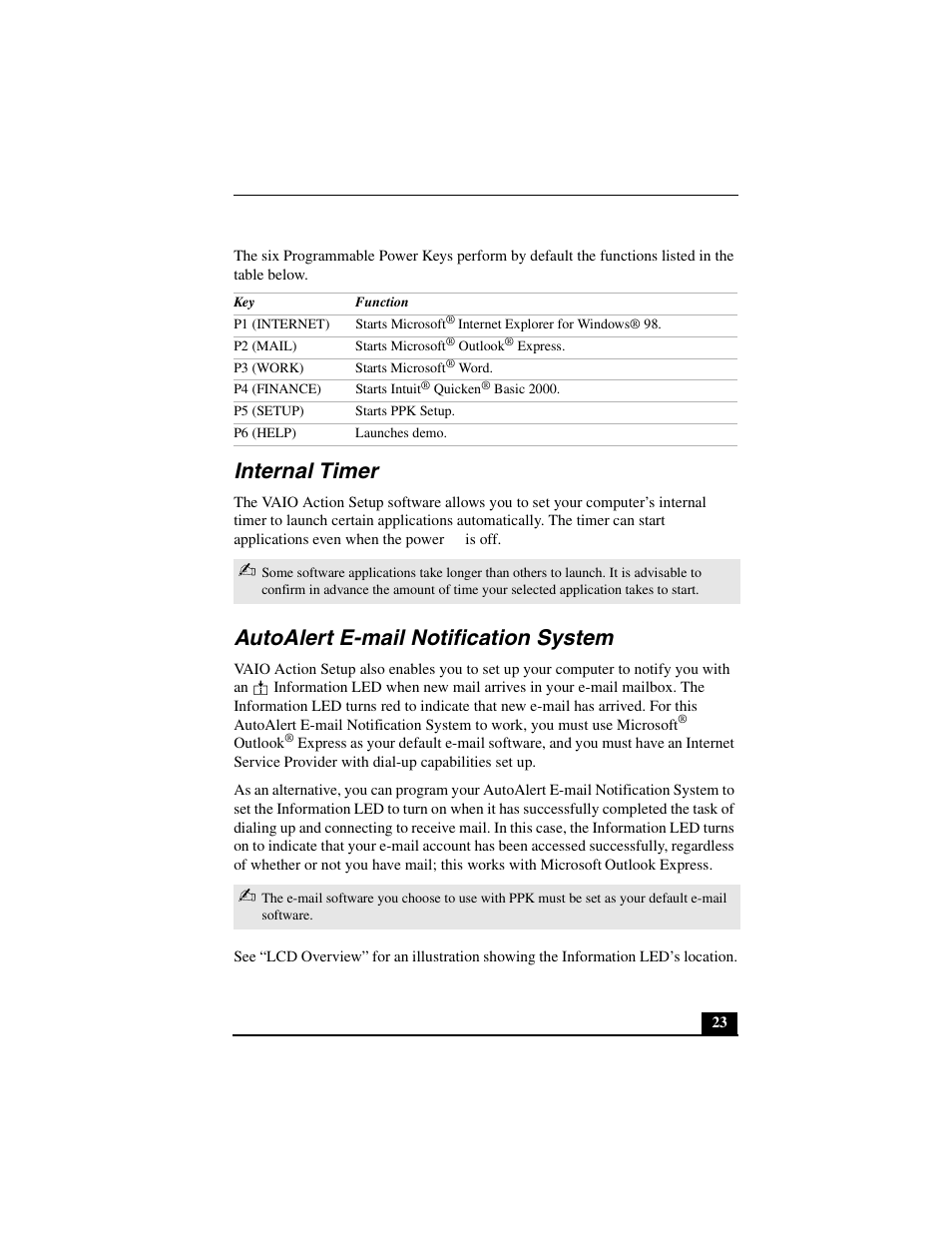 Internal timer, Autoalert e-mail notification system | Sony PCV-L640 User Manual | Page 23 / 69