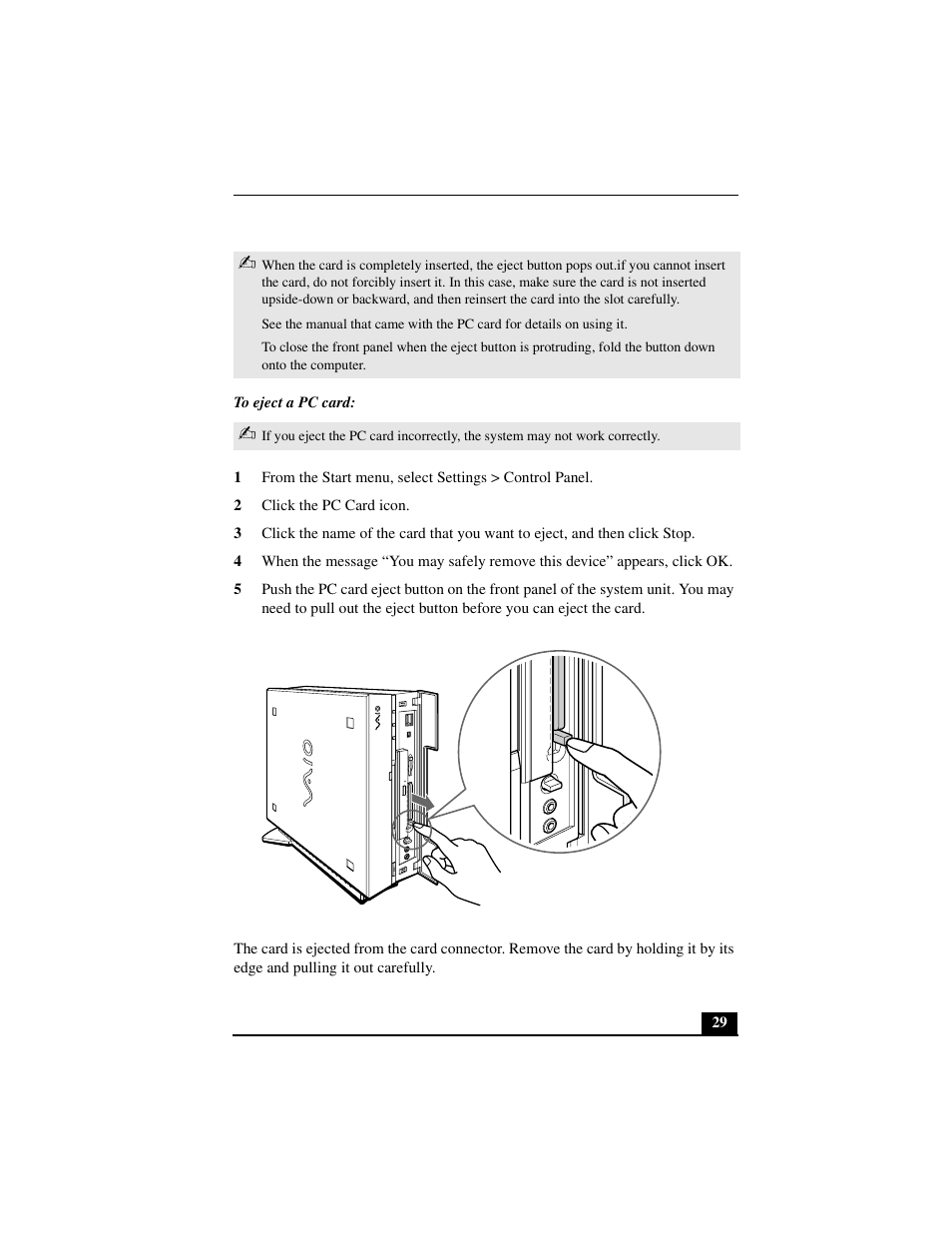 To eject a pc card, 2 click the pc card icon | Sony PCV-L640 User Manual | Page 29 / 69