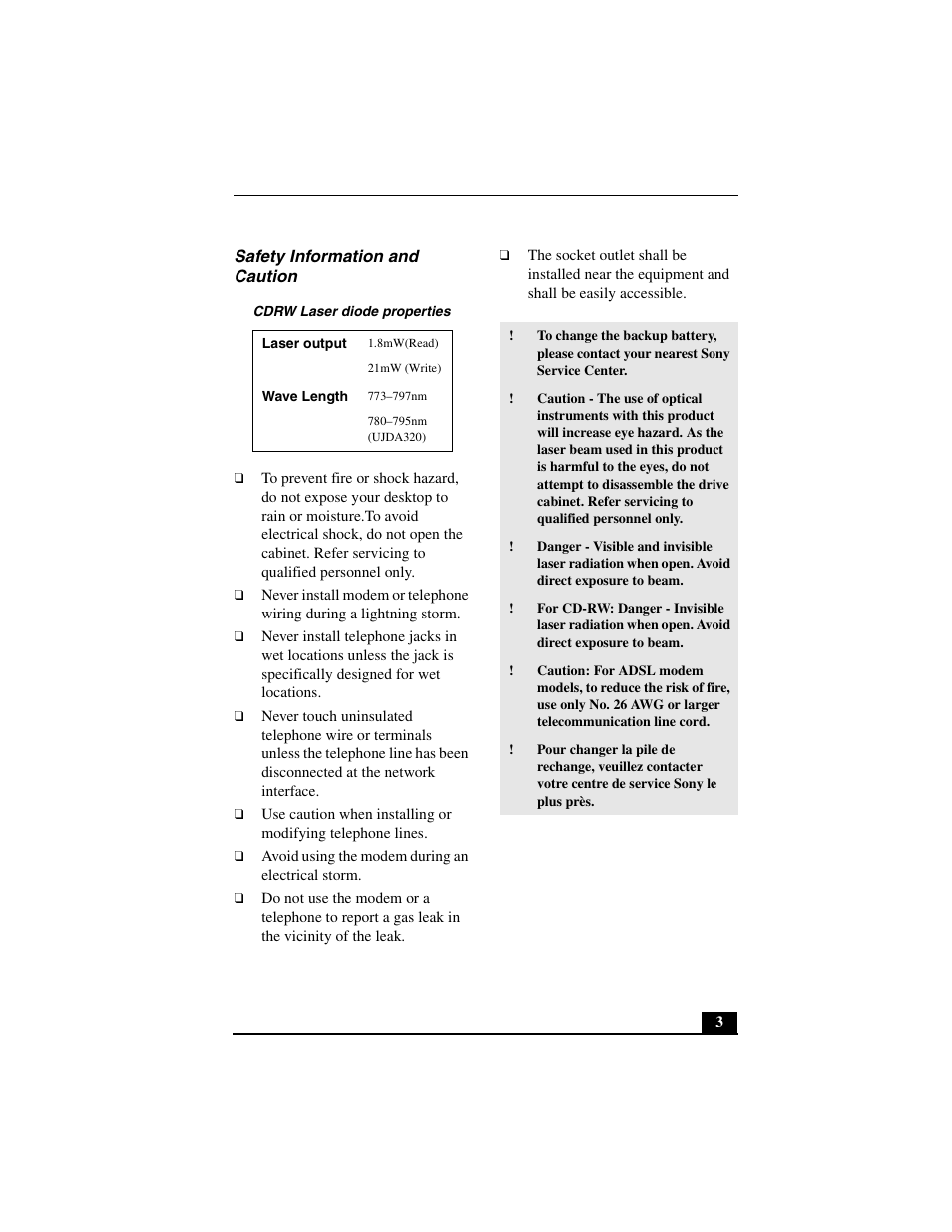 Safety information and caution, Cdrw laser diode properties | Sony PCV-L640 User Manual | Page 3 / 69