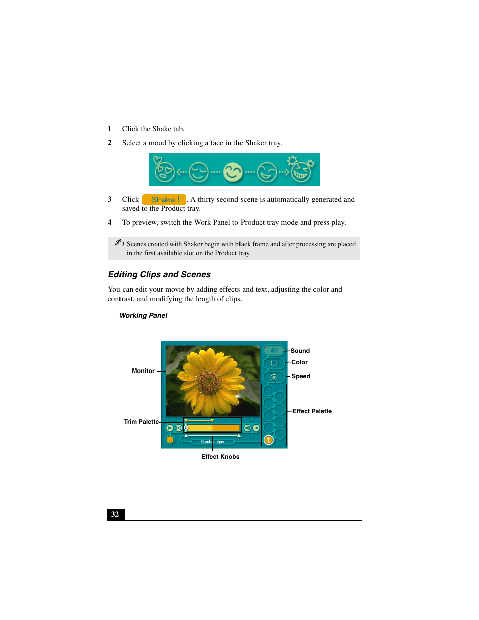 1 click the shake tab, Editing clips and scenes, Working panel | Sony PCV-L640 User Manual | Page 32 / 69