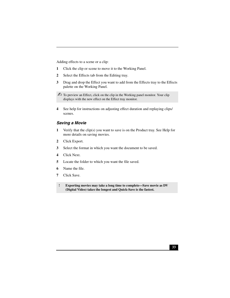 Adding effects to a scene or a clip, 2 select the effects tab from the editing tray, Saving a movie | 2 click export, 4 click next, 6 name the file, 7 click save | Sony PCV-L640 User Manual | Page 33 / 69