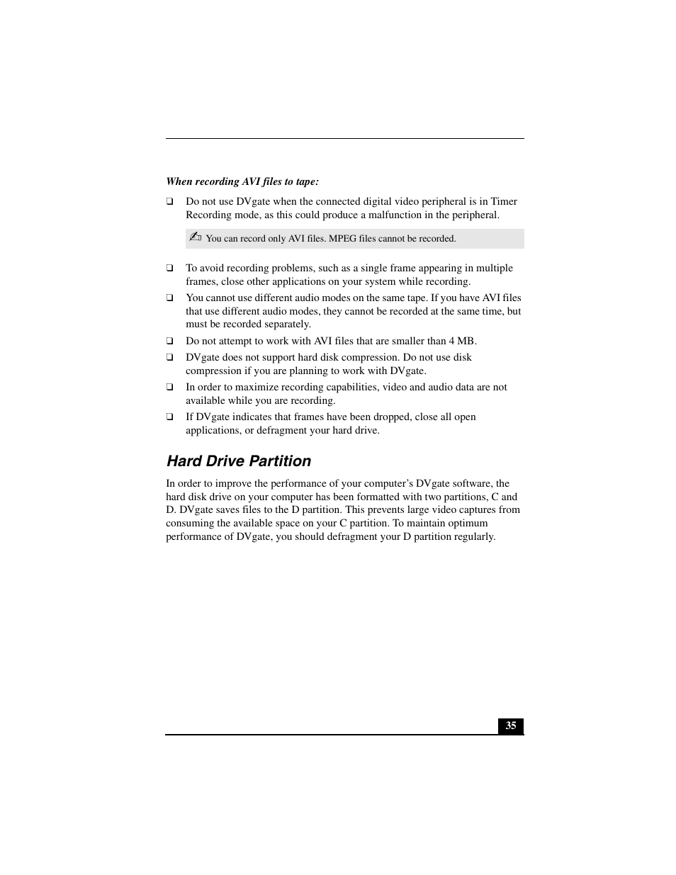 When recording avi files to tape, Hard drive partition | Sony PCV-L640 User Manual | Page 35 / 69