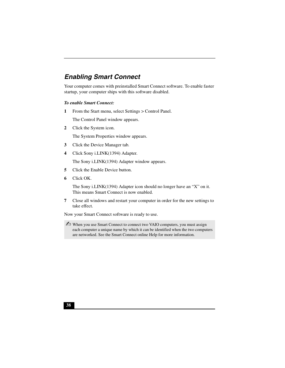 Enabling smart connect, To enable smart connect, 2 click the system icon | 3 click the device manager tab, 4 click sony i.link(1394) adapter, 5 click the enable device button, 6 click ok | Sony PCV-L640 User Manual | Page 38 / 69