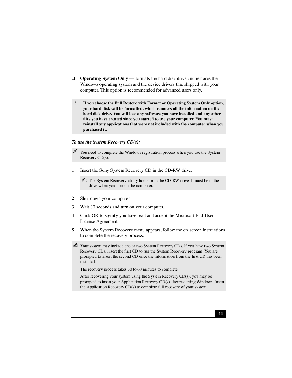 Operating system only, To use the system recovery cd(s), 2 shut down your computer | 3 wait 30 seconds and turn on your computer | Sony PCV-L640 User Manual | Page 41 / 69