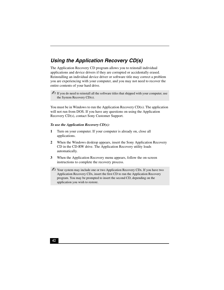 Using the application recovery cd(s), To use the application recovery cd(s) | Sony PCV-L640 User Manual | Page 42 / 69