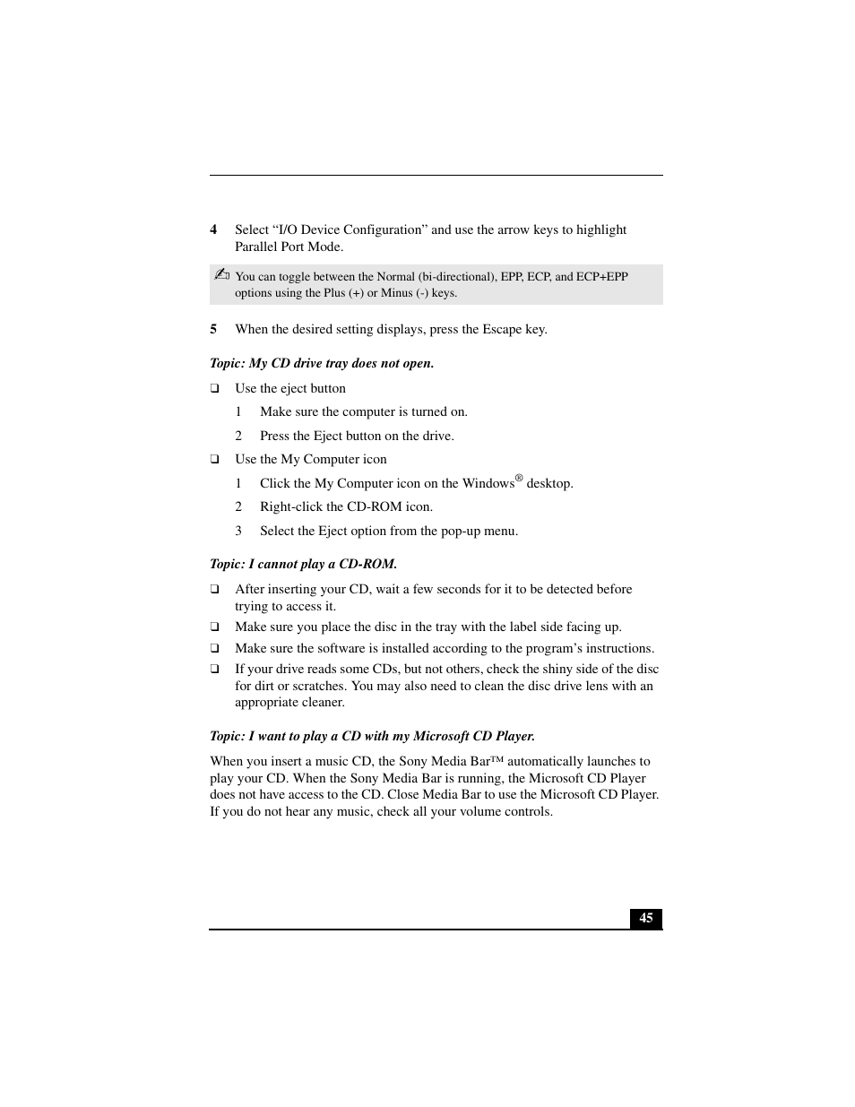 Topic: my cd drive tray does not open, 1 make sure the computer is turned on, 2 press the eject button on the drive | 2 right-click the cd-rom icon, 3 select the eject option from the pop-up menu, Topic: i cannot play a cd-rom | Sony PCV-L640 User Manual | Page 45 / 69