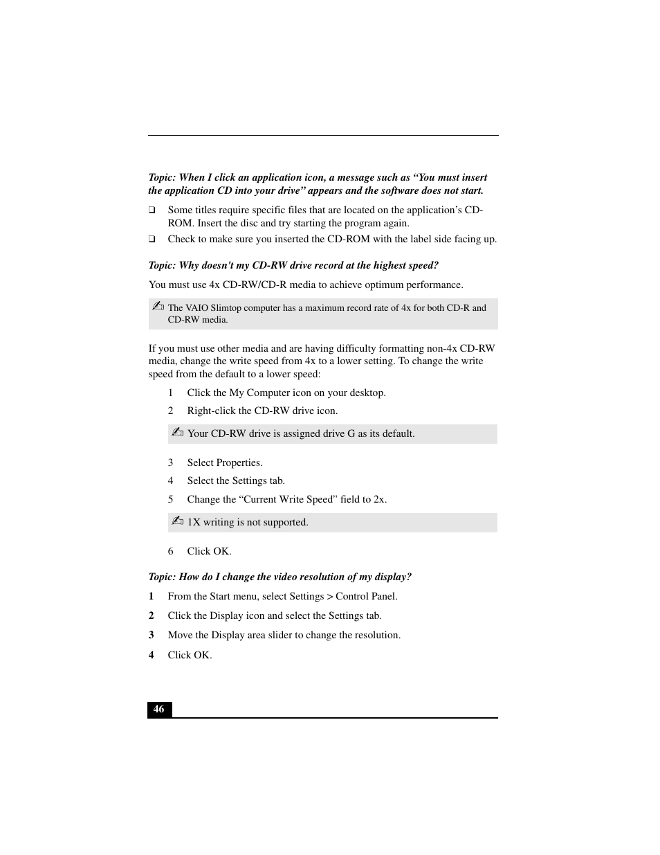 1 click the my computer icon on your desktop, 2 right-click the cd-rw drive icon, 3 select properties | 4 select the settings tab, 5 change the “current write speed” field to 2x, 6 click ok, 4 click ok | Sony PCV-L640 User Manual | Page 46 / 69