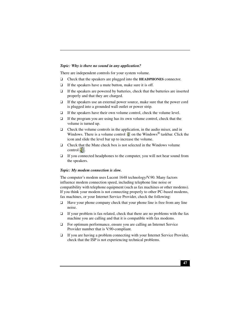 Topic: why is there no sound in any application, Topic: my modem connection is slow | Sony PCV-L640 User Manual | Page 47 / 69