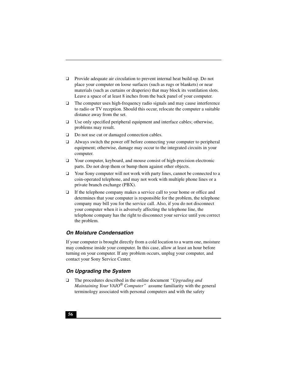 On moisture condensation, On upgrading the system | Sony PCV-L640 User Manual | Page 56 / 69