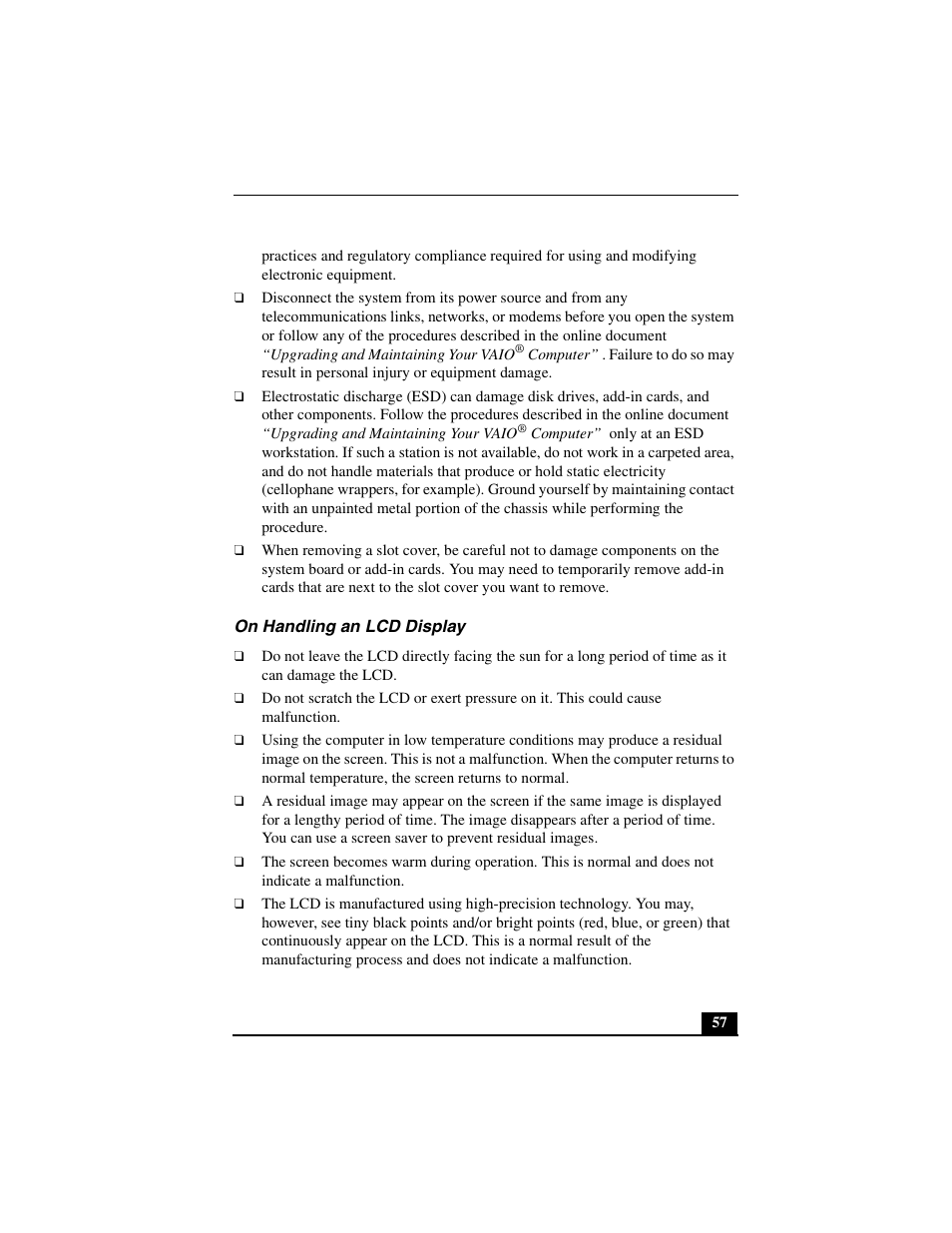 On handling an lcd display | Sony PCV-L640 User Manual | Page 57 / 69