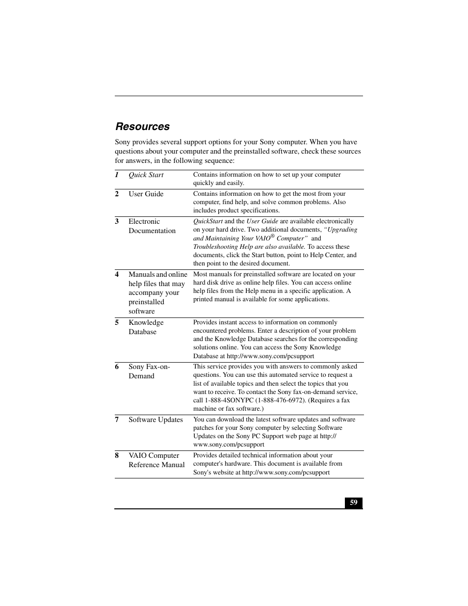 Resources, 1 quick start, 2 user guide | 3 electronic documentation, 5 knowledge database, 6 sony fax-on- demand, 7 software updates, 8 vaio computer reference manual | Sony PCV-L640 User Manual | Page 59 / 69