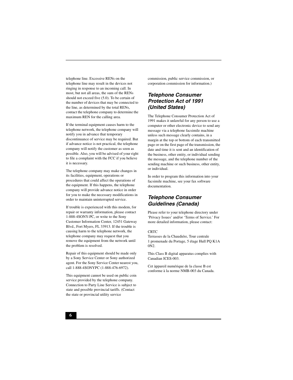 Telephone consumer guidelines (canada) | Sony PCV-L640 User Manual | Page 6 / 69