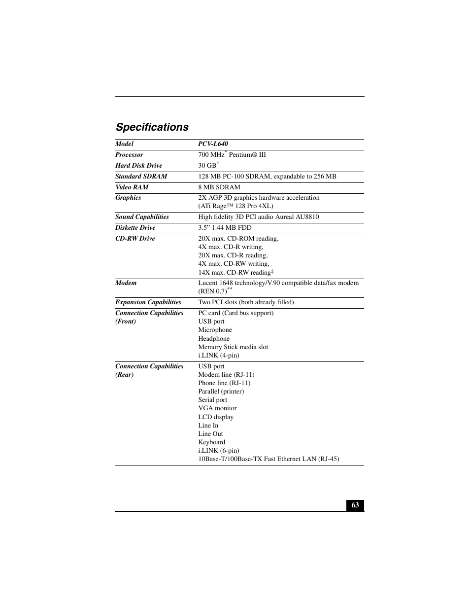 Specifications | Sony PCV-L640 User Manual | Page 63 / 69