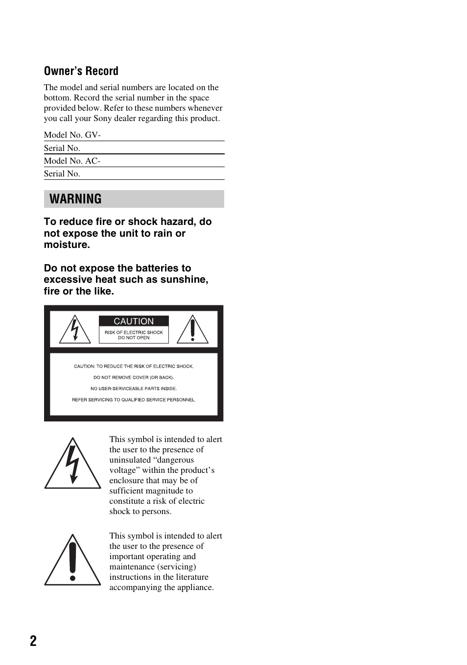 Warning | Sony GV-HD700E User Manual | Page 2 / 112