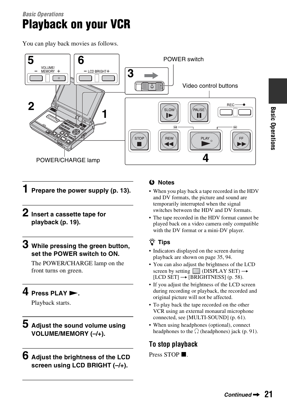 Basic operations, Playback on your vcr, Basic operations 21 | Sony GV-HD700E User Manual | Page 21 / 112