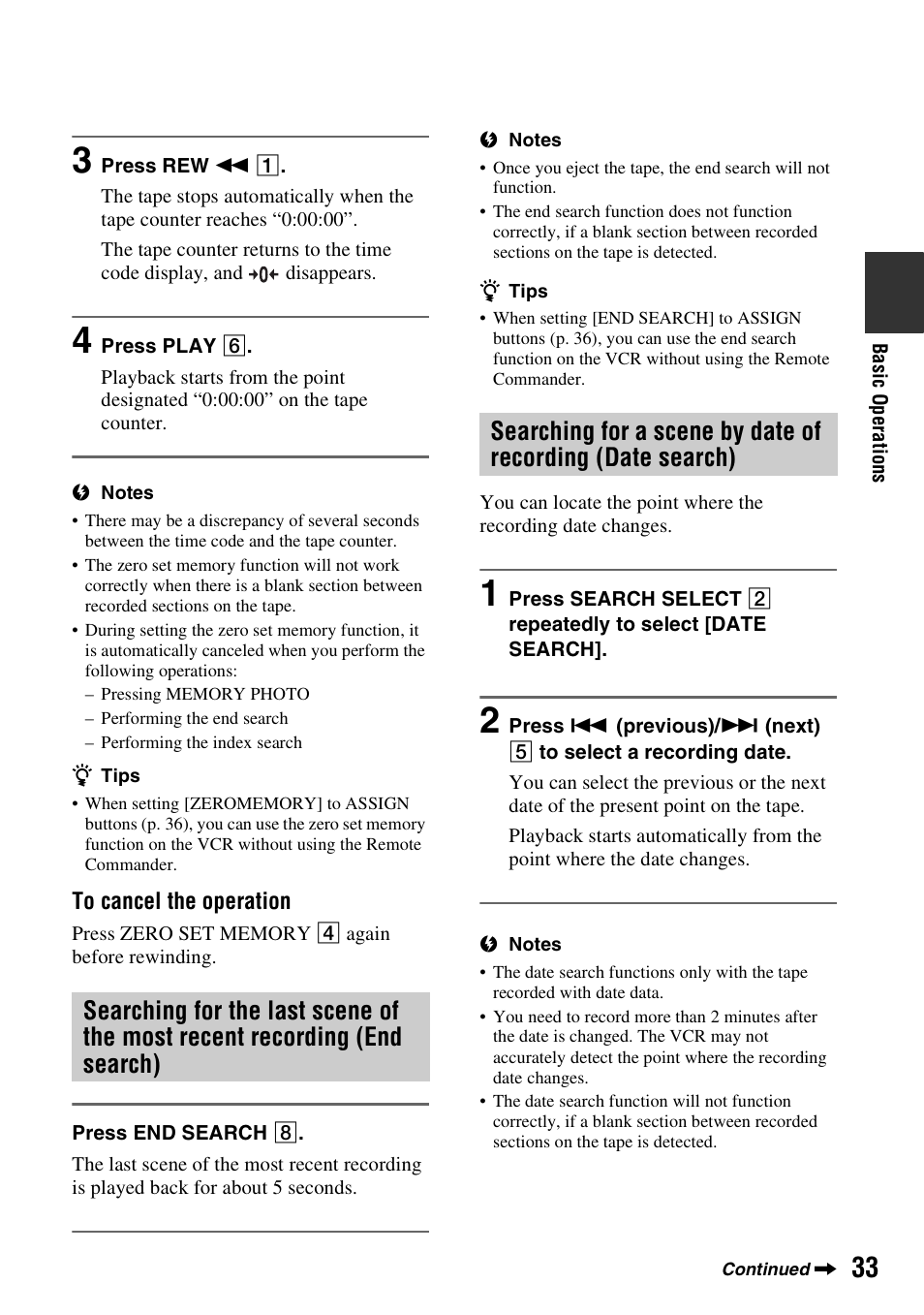 Searching for the last scene of the, Most recent recording (end search), Searching for a scene by date of | Recording (date search) | Sony GV-HD700E User Manual | Page 33 / 112