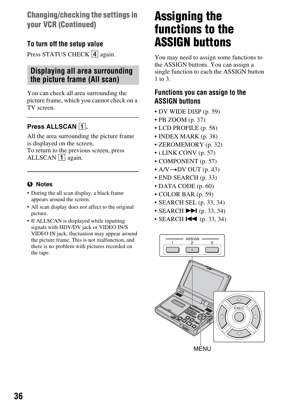 Assigning the functions to the assign buttons, Displaying all area surrounding the, Picture frame (all scan) | Assigning the functions to the, Assign buttons, P. 36) | Sony GV-HD700E User Manual | Page 36 / 112