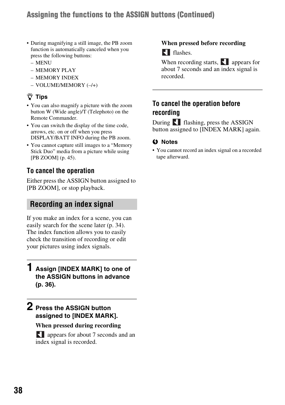 Recording an index signal, P. 38) | Sony GV-HD700E User Manual | Page 38 / 112