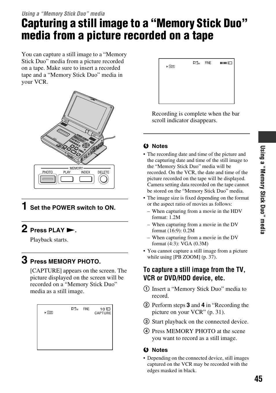 Using a “memory stick duo” media, Using a “memory stick, Duo” media | Capturing a still image to a “memory, Stick duo” media from a picture recorded on a tape, Using a “memory stick duo, Media | Sony GV-HD700E User Manual | Page 45 / 112