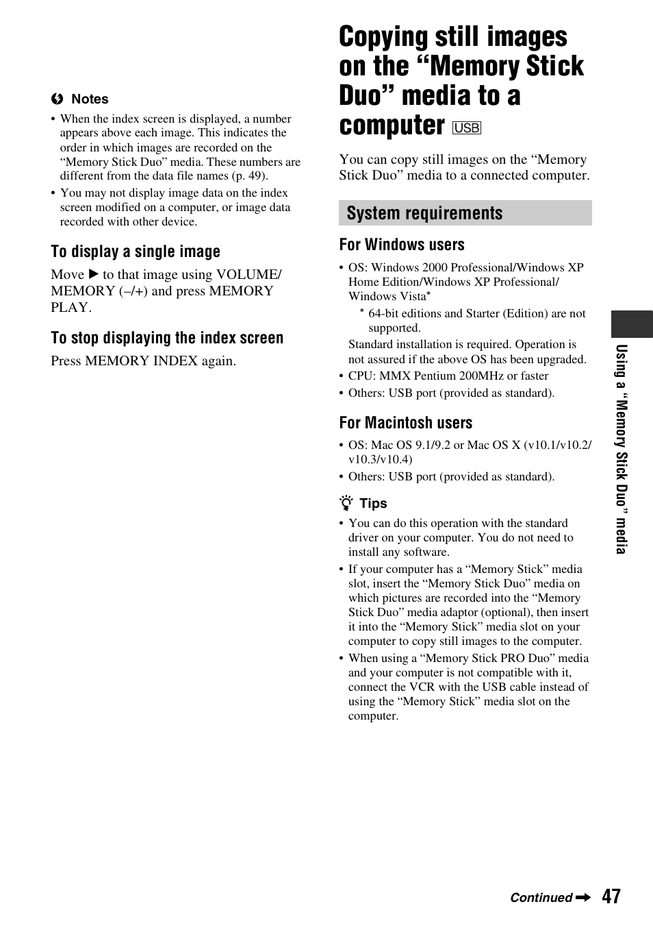 Copying still images on the “memory, Stick duo” media to a computer, System requirements | Sony GV-HD700E User Manual | Page 47 / 112