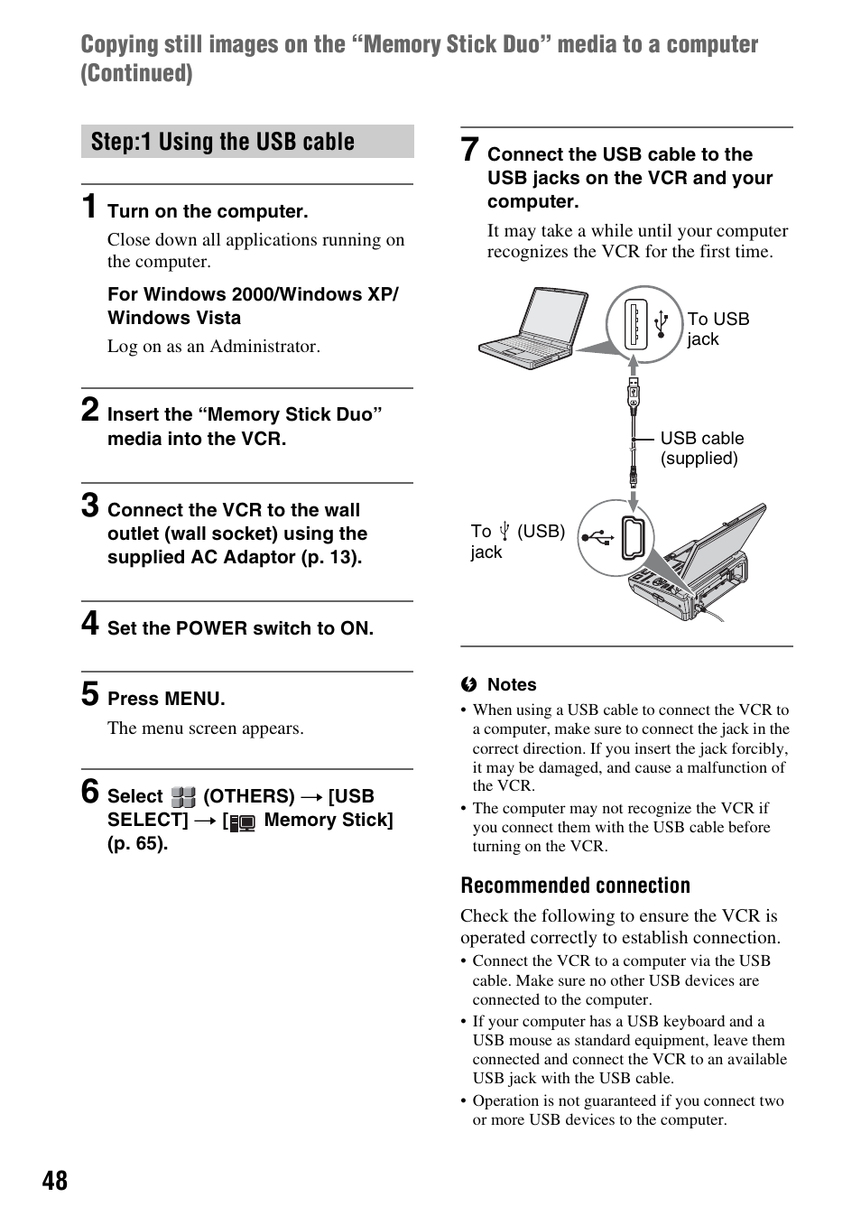 E (1) (p. 48), Step:1 using the usb cable | Sony GV-HD700E User Manual | Page 48 / 112